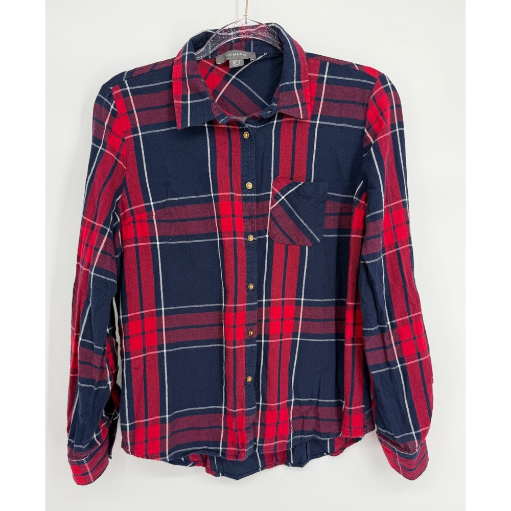 Primark Womens Plaid Button Down Shirt Red Navy Blue Cotton Sz 6 Long Sleeve